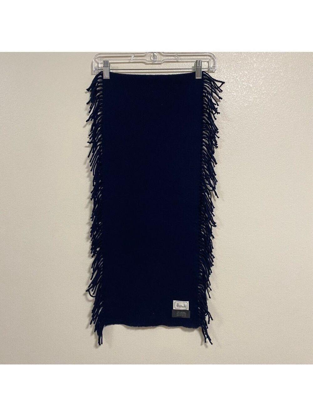 Harrods Scarf Adult OS Dark Navy Fringe Lambs wool Scarf made in Scotland